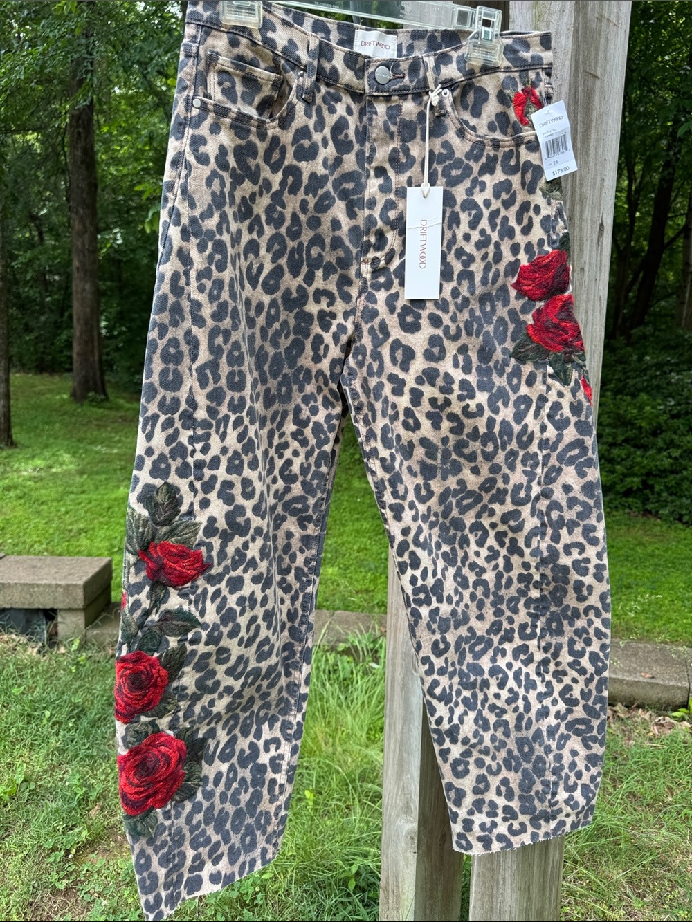 DRIFTWOOD Leopard Print Straight Leg Jeans with Red Rose Embroidery - Picture 3 of 10